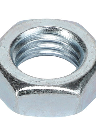 A close-up of the AGCO HEX NUT - AG125704, showcasing its internal threading and hexagonal metal design.