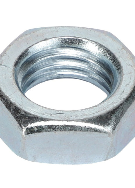 A close-up of the AGCO HEX NUT - AG125704, showcasing its internal threading and hexagonal metal design.