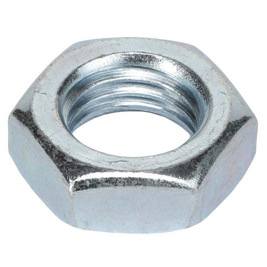 A close-up of the AGCO HEX NUT - AG125704, showcasing its internal threading and hexagonal metal design.