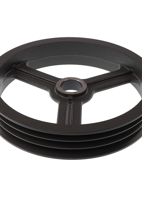 The AGCO Pulley - Acx0070190 is a meticulously designed black metal wheel featuring a central hole and three spokes, ideal for use in mechanical systems.