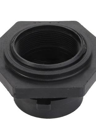 AGCO | TANK - AG515291 is a black hexagonal pipe fitting from the AGCO brand, featuring internal threading and a circular opening at the bottom.