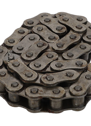 A coiled AGCO | Roller Chain Swath Gear - Fel111172 bicycle chain, featuring greased links and pins, is displayed on a white background, highlighting its high fatigue strength and exceptional engineering and manufacturing from AGCO.