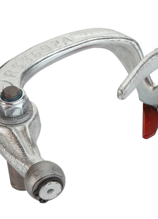 Introducing the AGCO Knife Arm - Acp0567090, a metal beam clamp designed with a hook end and a red plastic tip. (No Current Product Description Available)
