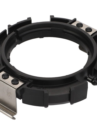 The AGCO Sliding Ring - F650633070310 by AGCO is a black and silver tool made of plastic and metal, featuring multiple grooves and a clamp.
