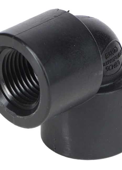 No current product description available for the AGCO | Elbow Fitting - Ag051125, a black plastic elbow pipe fitting with female threaded ends, designed for connecting two pipes at a 90-degree angle.