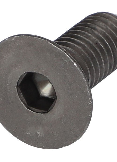 The AGCO | SCREW - AG726349 is a precise metal screw featuring a hex socket and a countersunk head with finely threaded body.