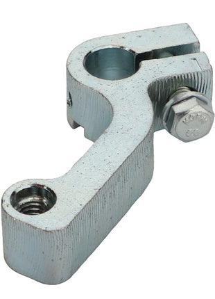 No current product description available for the AGCO Lever - Acp0665860, a metallic clamp featuring a bolt and two circular openings, one threaded and the other smooth.