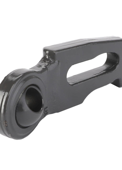 The AGCO Stub - Acp0340500, a black metal connecting rod with a circular hole at one end and an elongated slot at the other, lies on a white background.