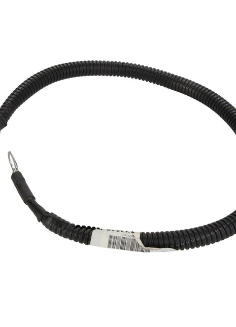 The AGCO | CABLE - AG123434 is an insulated black cable featuring metal loops at both ends. It comes coiled and labeled with a barcode. Currently, there is no additional product description information available.