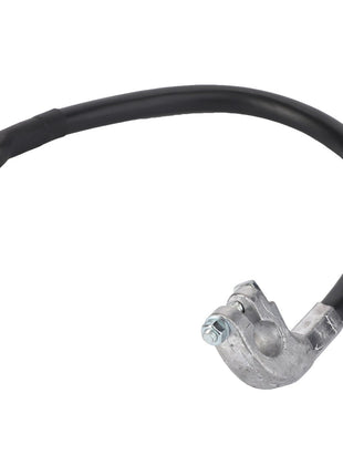 The AGCO | Cable, Battery, Negative - La313285900 by AGCO is a black battery cable featuring a metal clamp terminal at one end and a metal flat lug at the other, suitable for various electrical components to ensure machinery reliability.