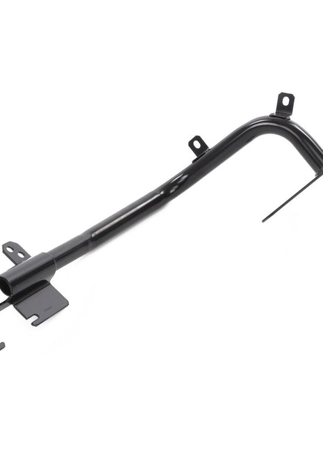 The AGCO Support - 3787107M2 by AGCO is a black metal automotive bracket with a curved design and multiple mounting points, ideal for securing components in vehicles equipped with Massey Ferguson Models featuring Dyna-4 and Dyna-6 transmissions.