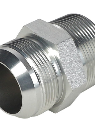 Introducing the AGCO | ADAPTER - AG561364: A silver metal pipe fitting by AGCO, featuring external threads on both ends and a hexagonal section in the middle.