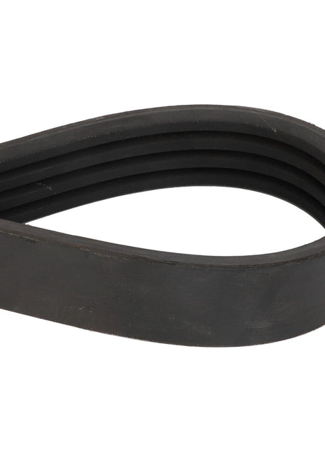 A close-up image of the AGCO | V BELT - ACY9701710, a black rubber v-belt coiled into a loop, highlighting its ribbed inner surface.