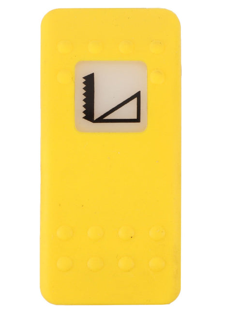 The AGCO SWITCH - D45050029 by AGCO is a rectangular yellow object featuring a small square cutout that displays a zigzag line and an angular symbol. The surface includes several small, raised dots, though its specific purpose remains unclear.