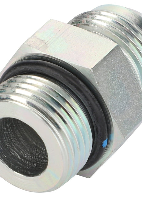 The AGCO | ADAPTER - D46150579 is a silver metal fitting that features dual threaded ends, a central hexagonal nut, and an O-ring nestled between the two threaded sections. No current product description information is available.