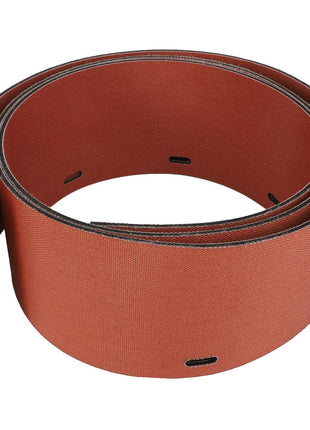 The AGCO | Pan Seal - Acw9100240, a coiled sanding belt featuring a reddish-brown abrasive surface with black edges, is ideal for power sanding machines. Unfortunately, no further product description is available at this time.