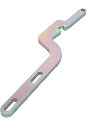 The AGCO Latch Strap - Acx2297270 is a metal bracket with a zigzag shape, featuring two elongated slots and a hole at one end. Additional product description information is not available at the moment.