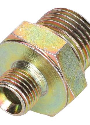 A metallic threaded fitting with a hexagonal center section and two different sized threaded ends. The product is known as AGCO ADAPTER - AL1120110 from the brand AGCO. No current product description information is available.