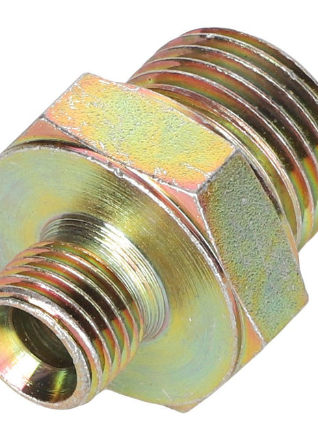 A metallic threaded fitting with a hexagonal center section and two different sized threaded ends. The product is known as AGCO ADAPTER - AL1120110 from the brand AGCO. No current product description information is available.