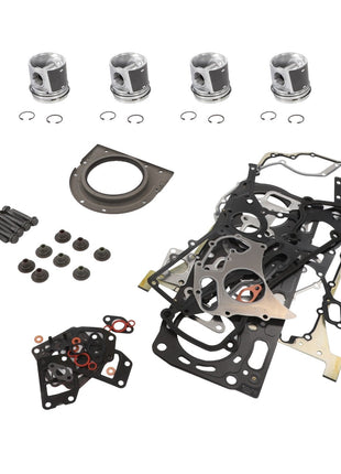 Displayed is the AGCO Kit, Eng. Overhaul - Acp0234160, featuring a collection of engine components such as pistons, gaskets, seals, bolts, and other essential hardware on a white background. Detailed product description currently unavailable.