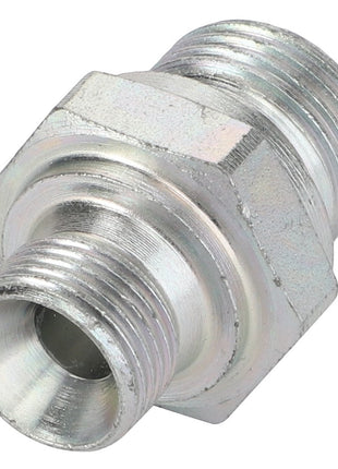 Close-up of the AGCO ADAPTER - AL1120011, a metallic threaded hydraulic adapter featuring a hexagonal middle section and cylindrical ends. No current product description information is available.