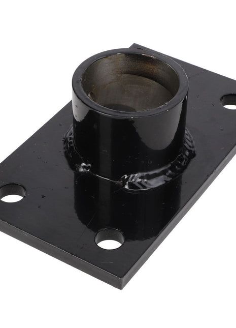 There is no current product description available for the AGCO AXLE - EPA65437, but it is a rectangular black metal bracket featuring a cylindrical pipe attachment in the center and four mounting holes at the corners. This product is branded by AGCO.