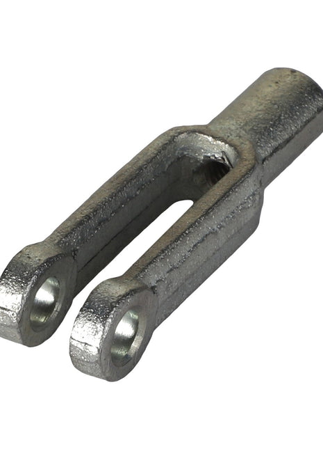 The AGCO | CLEVIS - AG602124 by AGCO is a metal yoke piece with a cylindrical top and two parallel prongs at the bottom, each equipped with a hole for a pin.