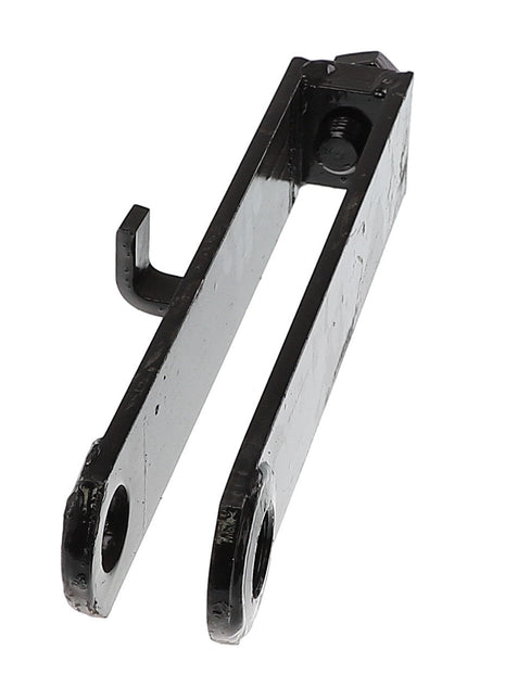 The AGCO RIGHT HAND BRIDLE - AL258142 is a black metal bracket featuring two circular holes at one end and a small hook extending from the side. Currently, there is no additional product description information available.