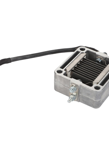 A rectangular metal component with cooling fins and attached wires, used in electronic or mechanical systems, the AGCO Intake Air Preheater - Acw2215760, is currently unavailable for detailed product information.