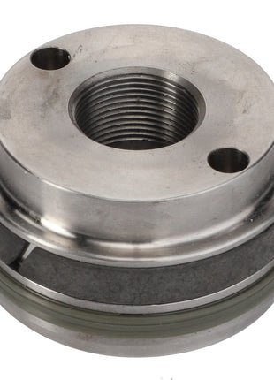 The AGCO | GUIDE BUSH - F931870051030, a metallic mechanical seal equipped with two threaded bolt holes and a central threaded opening, sets the standard for precision unmatched by any current product description.
