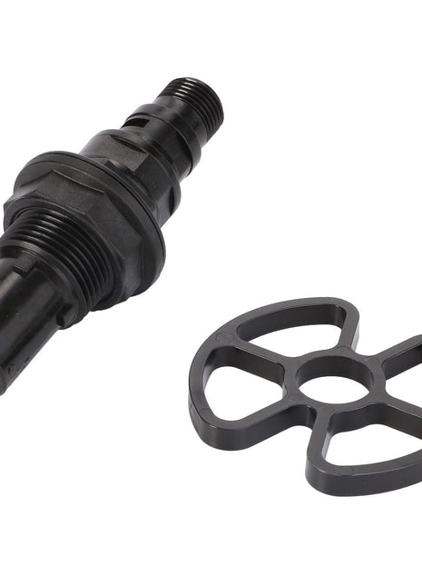 A black mechanical component with threads and ridges, identified as the AGCO | VALVE - AG691106, is positioned next to a black circular plastic part with cutouts. No current product description information is available.