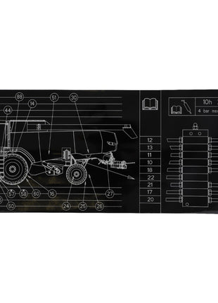 A technical illustration of the AGCO | Decal, Left Hand - Acw0794750 vehicle's side view with numbered parts labeled is provided. On the right, there is a maintenance schedule listing service intervals and part specifications. Currently, no additional product description information is available.
