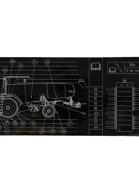 A technical illustration of the AGCO | Decal, Left Hand - Acw0794750 vehicle's side view with numbered parts labeled is provided. On the right, there is a maintenance schedule listing service intervals and part specifications. Currently, no additional product description information is available.