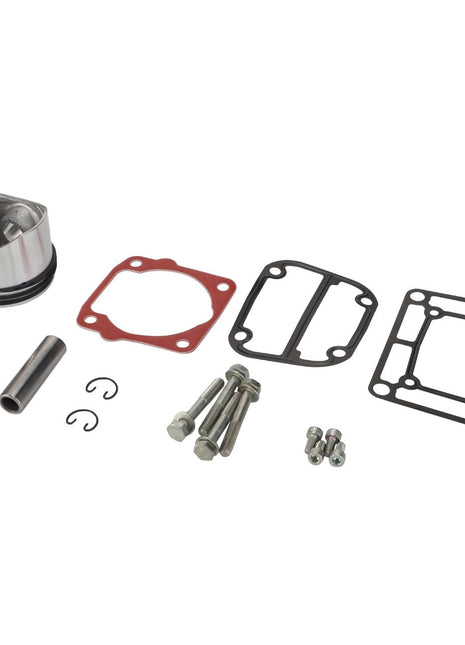 A carefully arranged set of precision-engineered mechanical parts from the AGCO Kit, Piston - Acp0435590, including a piston, gaskets, screws, and clips, displayed on a pristine white background.