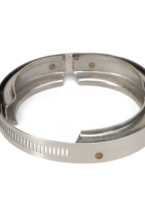 The AGCO | CLAMP - AG143718, a silver metal hose clamp with a screw mechanism for tightening, designed for 1" fittings, lays on a white background.