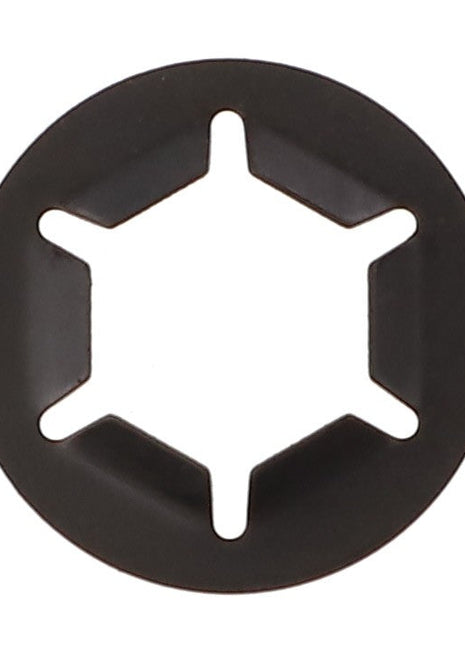 The AGCO retaining ring, branded as AG726999, boasts a sleek black finish with a circular design featuring three internal prongs intricately arranged in a star-like pattern.