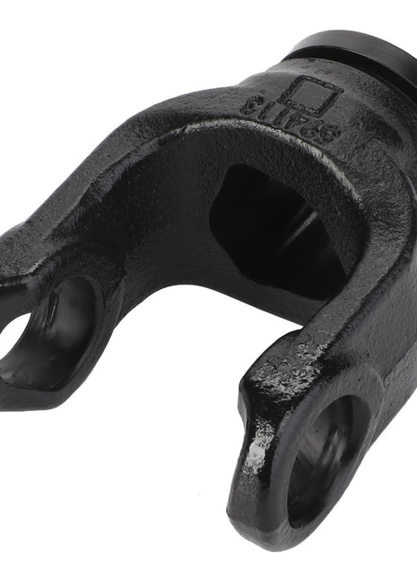 The AGCO Knuckle Joint - Fel103216, a black metal yoke, features two circular openings and an oblong cutout in the center. No current product description is available for this product.