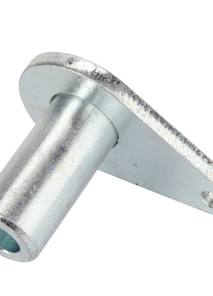 The AGCO | Cylinder Pin - Acw7053300 is a metallic cylindrical component with a flat flange attached at an angle, featuring a hole on each end of the flange. Currently, no product description information is available.