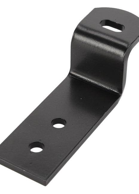 The AGCO | BRACKET - D28981862 is a black metal mounting bracket featuring three holes: one elongated hole on the raised end and two circular holes on the flat section. Currently, there is no additional product description information available.