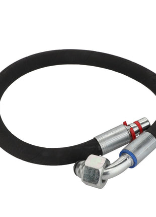 The AGCO Hydr. Hose - Acw0182940 by AGCO is a black hydraulic hose equipped with metal fittings on both ends. One end features a hexagonal nut connector, while the other end has a circular connector with a red ring. Unfortunately, there is no current product description available for this specific model.