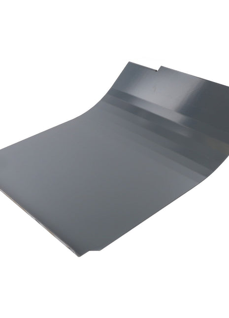 A gray, slightly curved metal flashing with a smooth surface against a plain white background, designed for peak efficiency and maximum uptime with the AGCO Wearplate, Header Skid Shoe - D28283254.