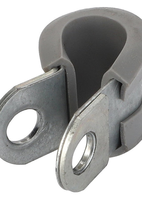 A close-up of the AGCO Pipe Clamp - F119200090140, featuring a metal and rubber construction with two mounting holes. No current product description available for this item.