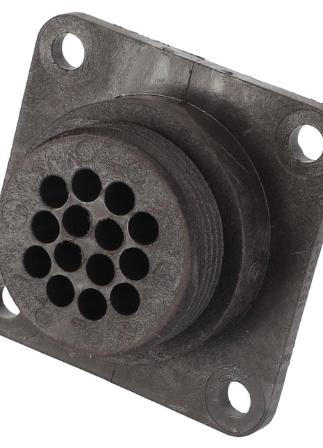 Product Description: The AGCO Connector - D45010009 is a circular metal connector with 13 pinholes, securely mounted on a square plate featuring four screw holes in each corner. No additional current product description information is available for this item.