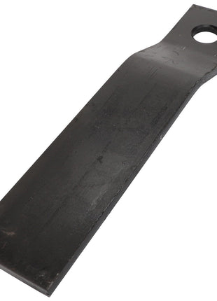 The AGCO Blade - Acp0215500, a rectangular black metal blade with a tapered precision-cutting end and a round hole near the opposite end, is typically used as a replacement part for lawn mowers or similar equipment.