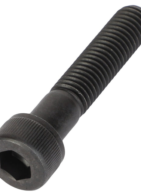 Close-up of the AGCO SCREW - AL5004081, featuring a black hex socket head cap screw with a threaded shaft, cylindrical head, and hexagonal socket detail.