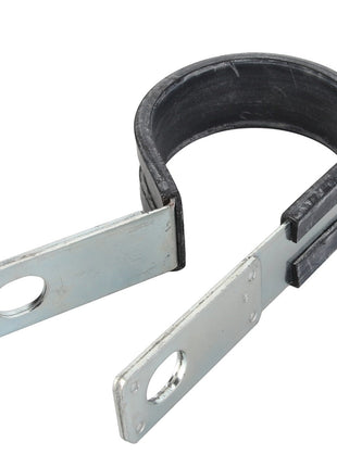 The AGCO Clamp - Acp0397000, a metal clamp with a rubber lining, features two protruding flat metal tabs, each with a circular hole near the end. No current product description available.