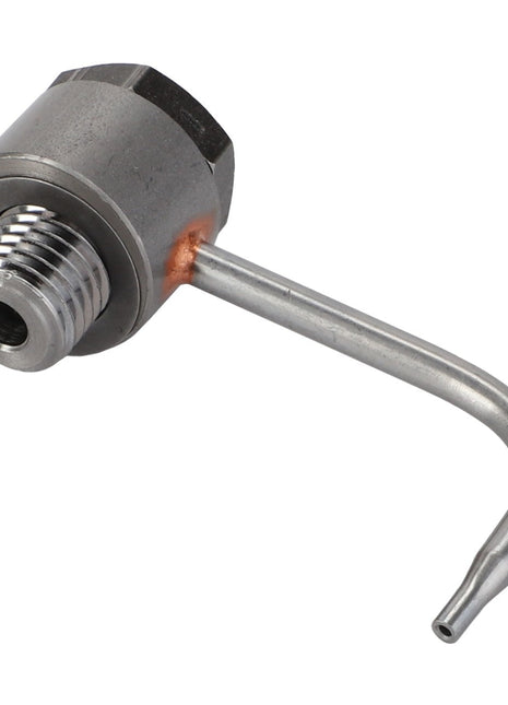 The AGCO Piston Cooling Jet - Acp0665480 features a metal pipe fitting with a threaded end and a gracefully curved, narrow spout extending from the side.