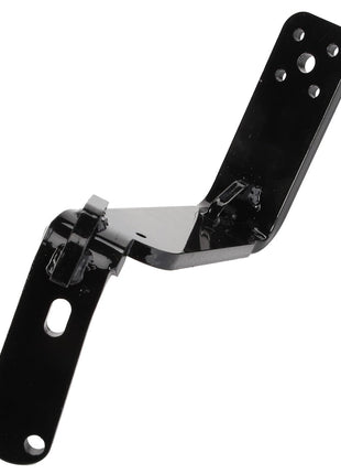 A black metal L-bracket with multiple holes and a pivoting joint is available under the product name "AGCO | Left Hand Bracket - Acx2608980" by AGCO. No current product description information is available.