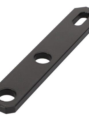 The AGCO | ARM - D28786996 by AGCO is a sturdy black metal bracket featuring two circular holes and one elongated oval slot.