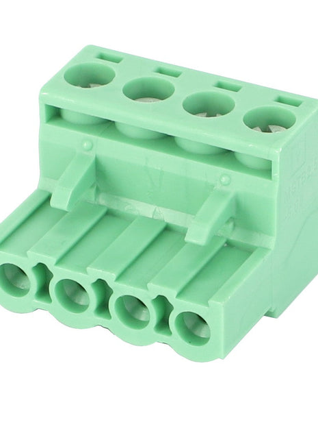 Presenting the **AGCO | Connector, Electrical - Acp0352450**: A sleek green 5-position plug-in terminal block connector featuring screw connections on top and wire entry points on the bottom.